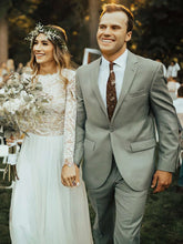 A-Line Scoop Neck Lace Tulle Sweep Train Wedding Dress